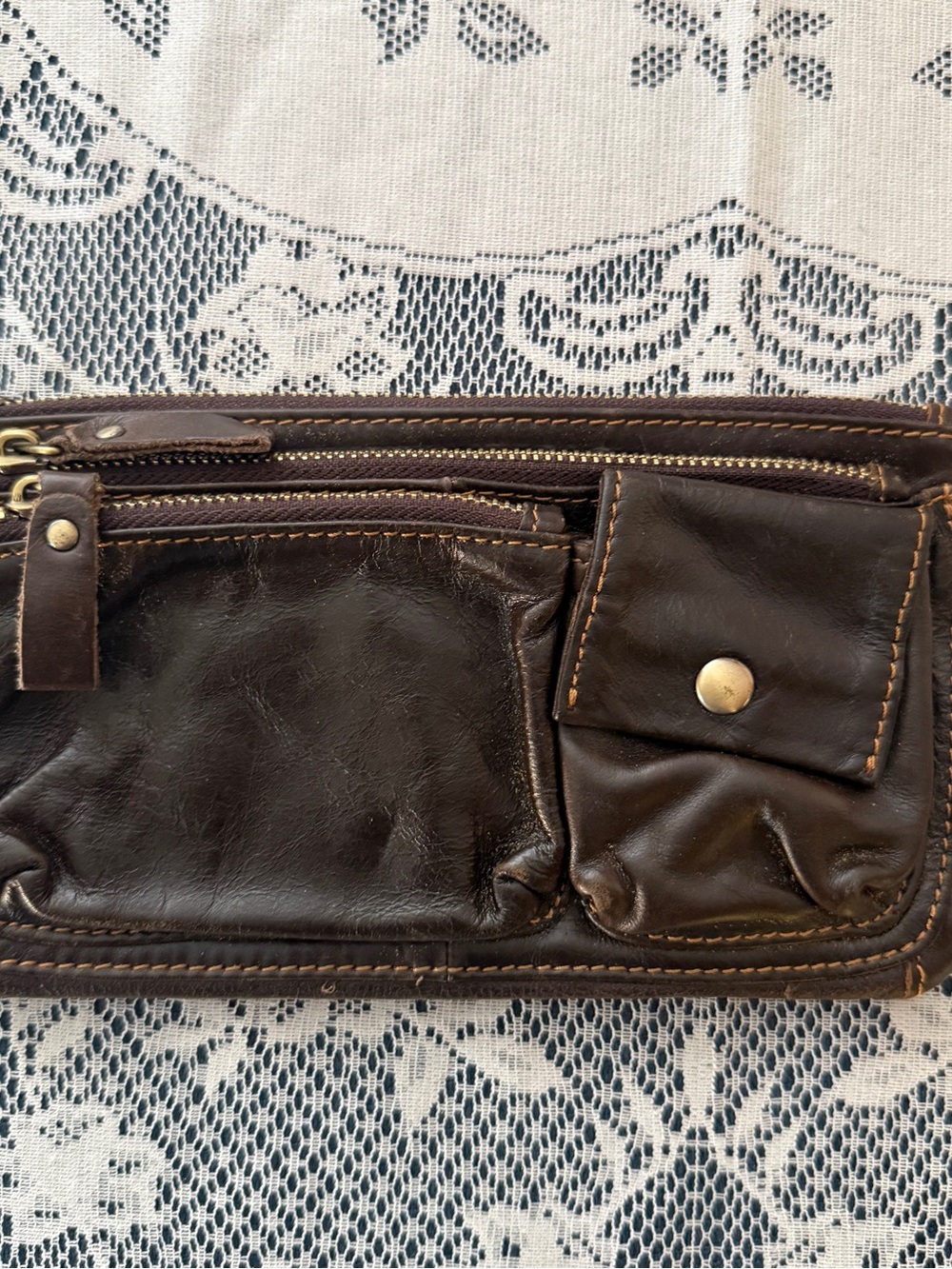 Unisex Dark Brown Leather Crossbody Organizer Bag with Belt Loop Band VTG